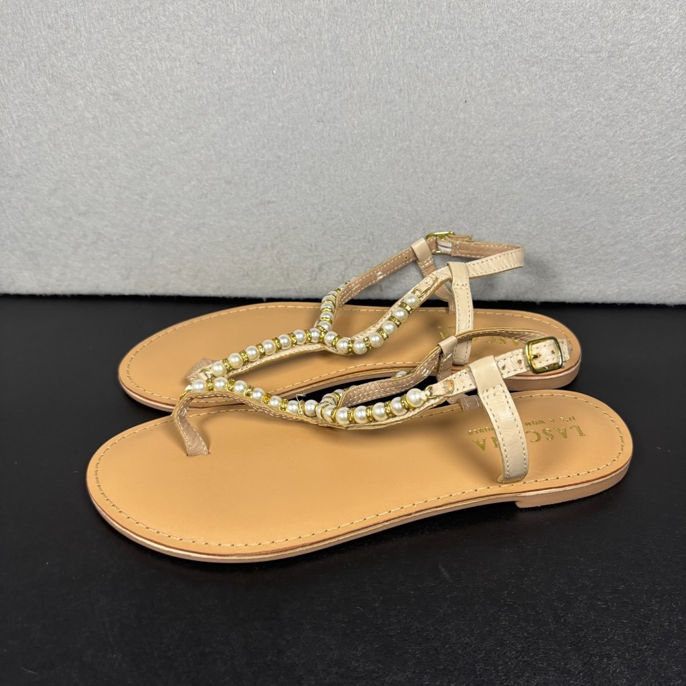Lascana Womens Pearl Bead Accent T-Strap Flat Sandals Nude Beige Size 7 NWOB